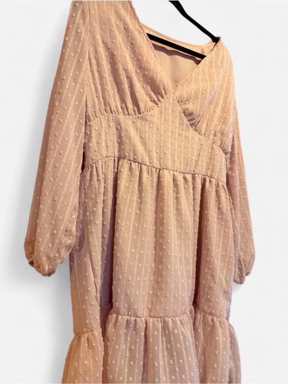 SHEIN Dusty Rose Textured Tiered Midi Dress - V-Neck Long Sleeve